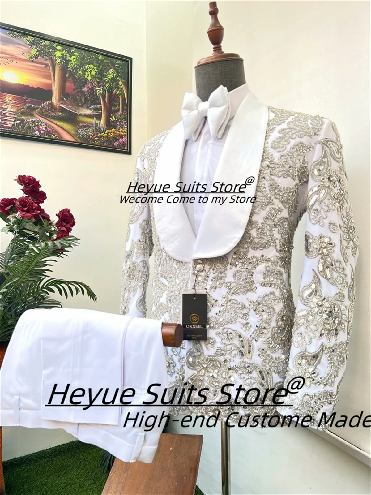 Luxuly Shiny Diamond Men Suits Customized Slim Fit Shawl lapel Groom Wedding Tuxedos 2Pieces Sets Male Party Blazers Ropa Hombre