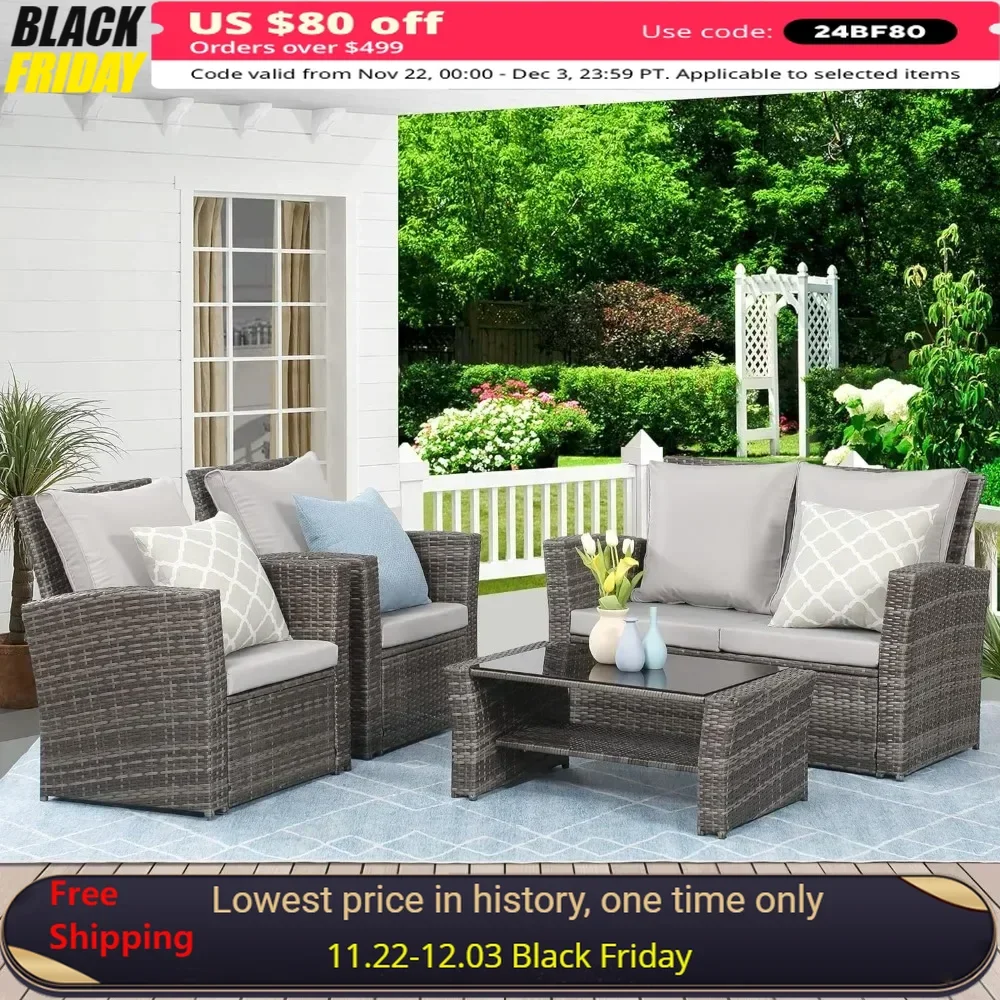 

Lane 4 Piece Outdoor Patio Furniture Sets Wicker Conversation Set for Porch Deck Gray Rattan Sofa Chair With Cushion Garden