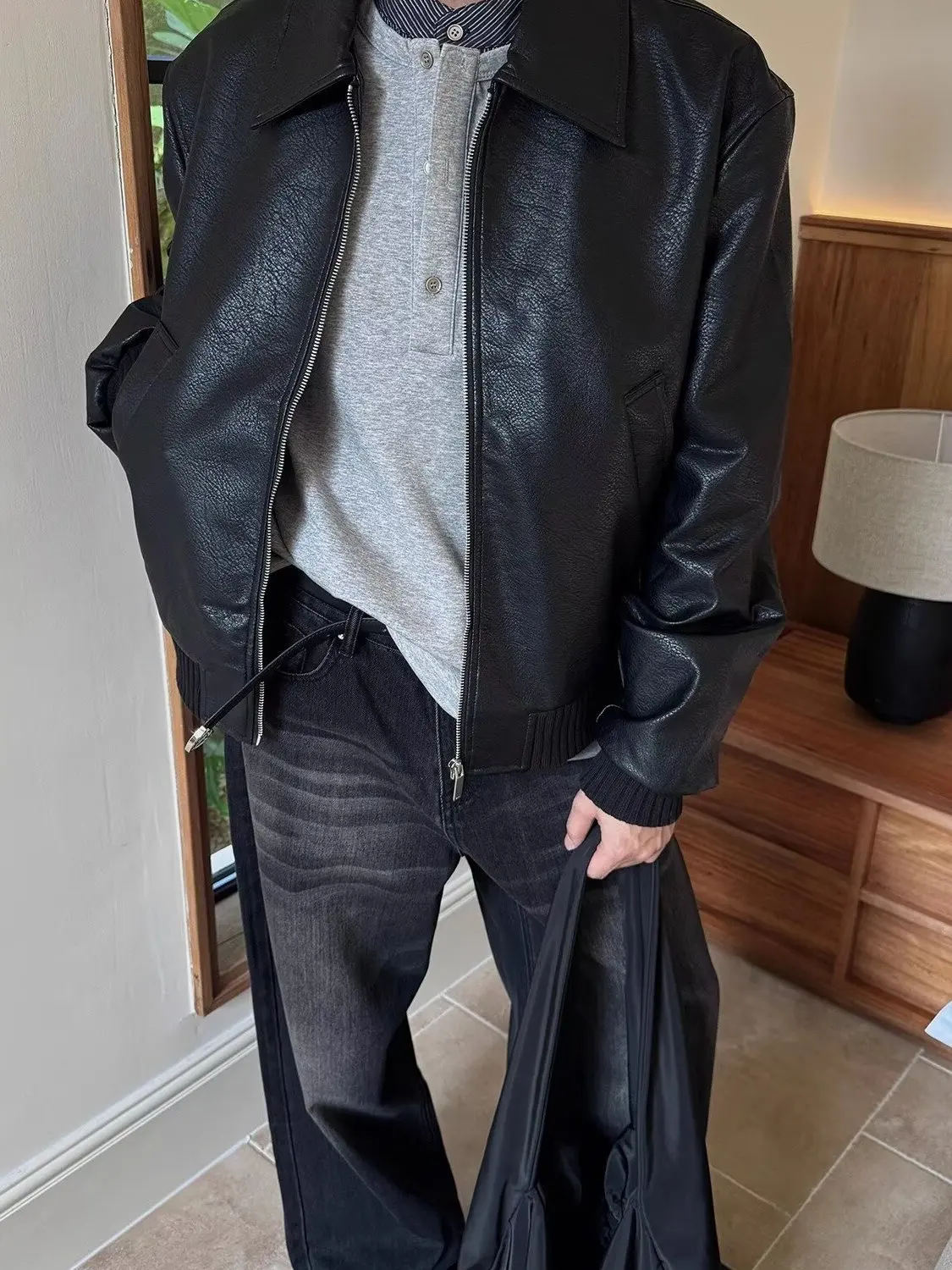 

Свободный мужской топ из искусственной кожи American Sle, байкерский топ с воротником-стойкой на молнии, повседневный модный ветрозащитный длинный све