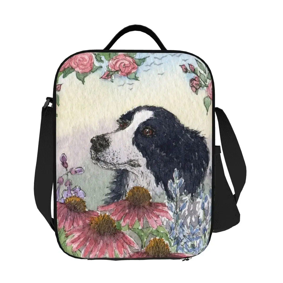 Border Collie-Sac isotherme pour pique-nique en plein air, boîte à lunch isotherme étanche pour animaux de compagnie, glacière thermique pour femme, mignon, chien, fleur