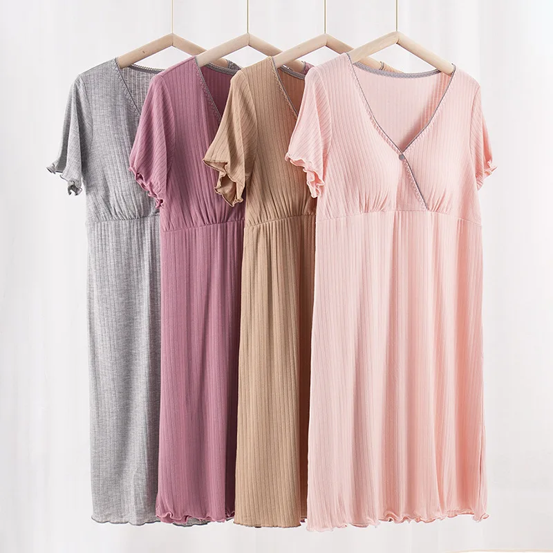 2026 New Summer Thin Maternity Dress Short Sleeve Loose Plus Size Mid Length Home Pajamas Fashion Postpartum Breastfeeding Dress