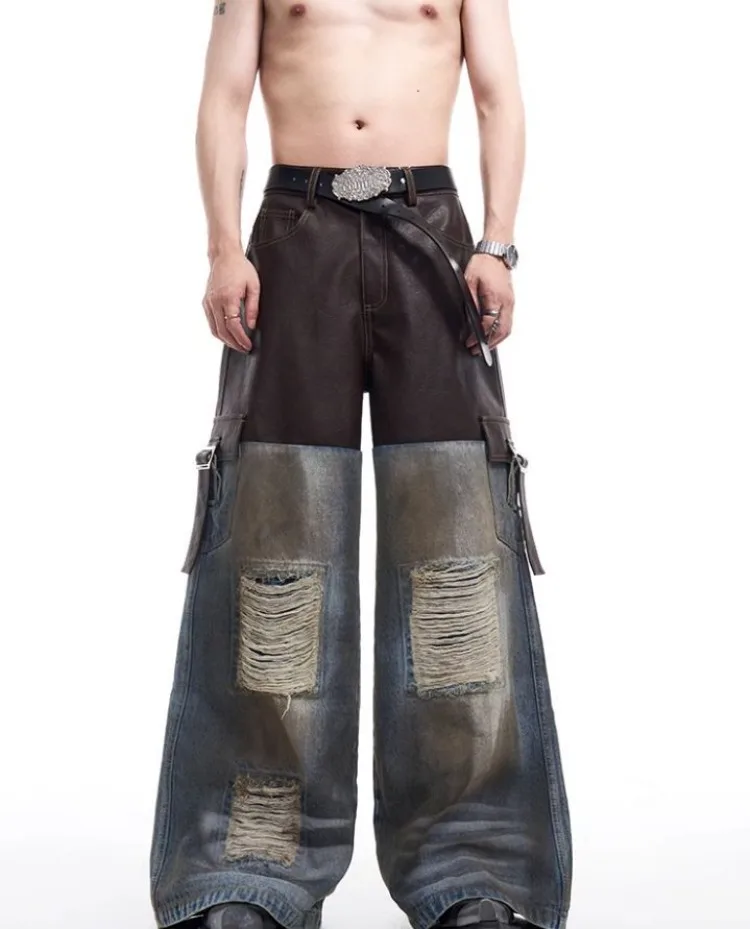 Pantalones desgastados Retro para mujer, traje de vaquero de otoño, pantalones vaqueros, ropa de calle Unisex, chaqueta vaquera de retales Vintage para mujer