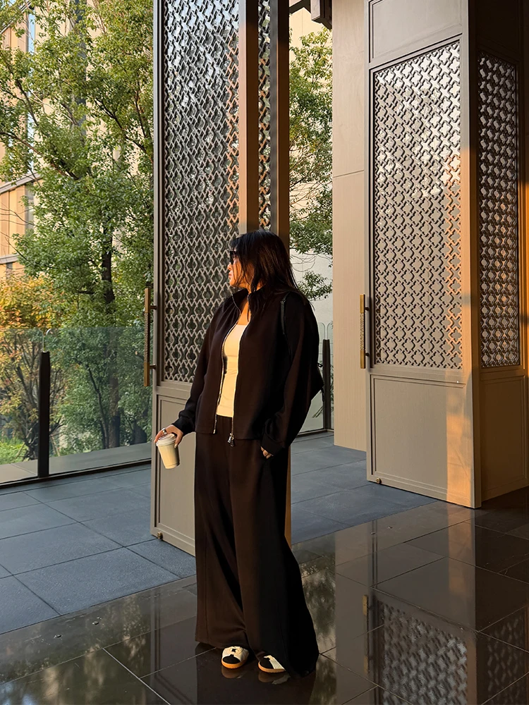 

Slimming Effect Zipper Jaet Wide Leg Pants Set Simple Sle Commute Pure Color plus Size Women's Outerwear Spring Season