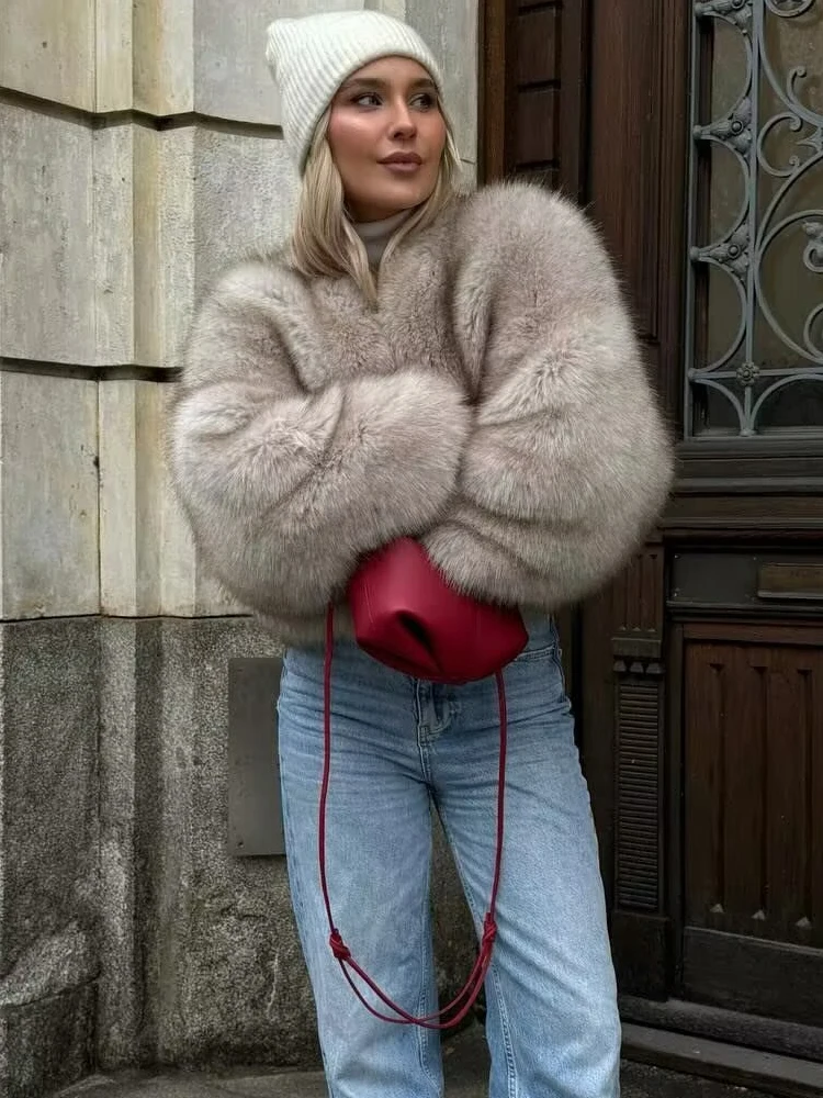 HH 2025 Fashion Women's Artificial Fur Effect Short Jacket Winter Female Thick High Street Vintage Loose Warm Streetwear