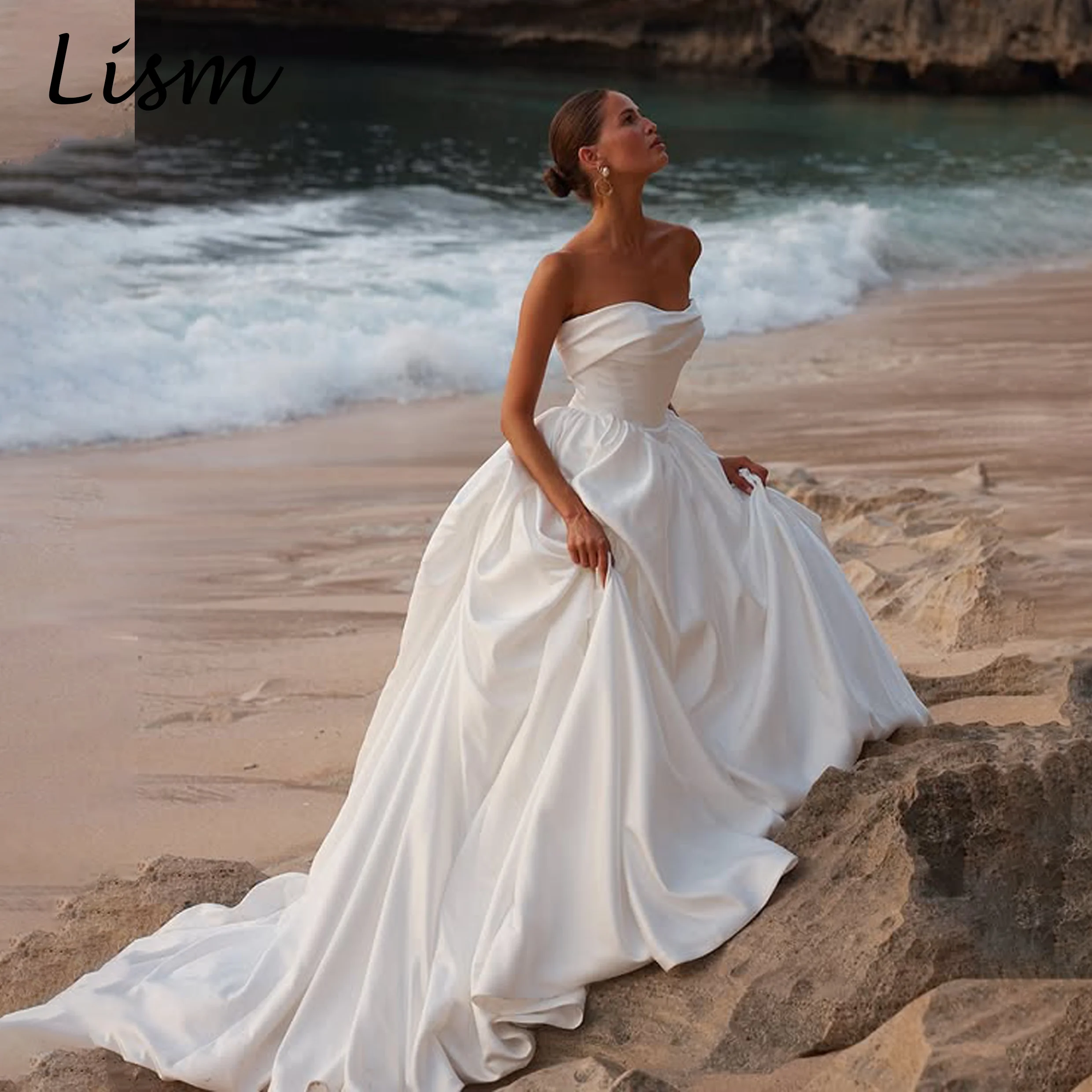 Lism Graceful Sleeveless Strapless Wedding Dresses A-line Sweep Train Robe De Mariée Wedding Dresses For Woman Customized