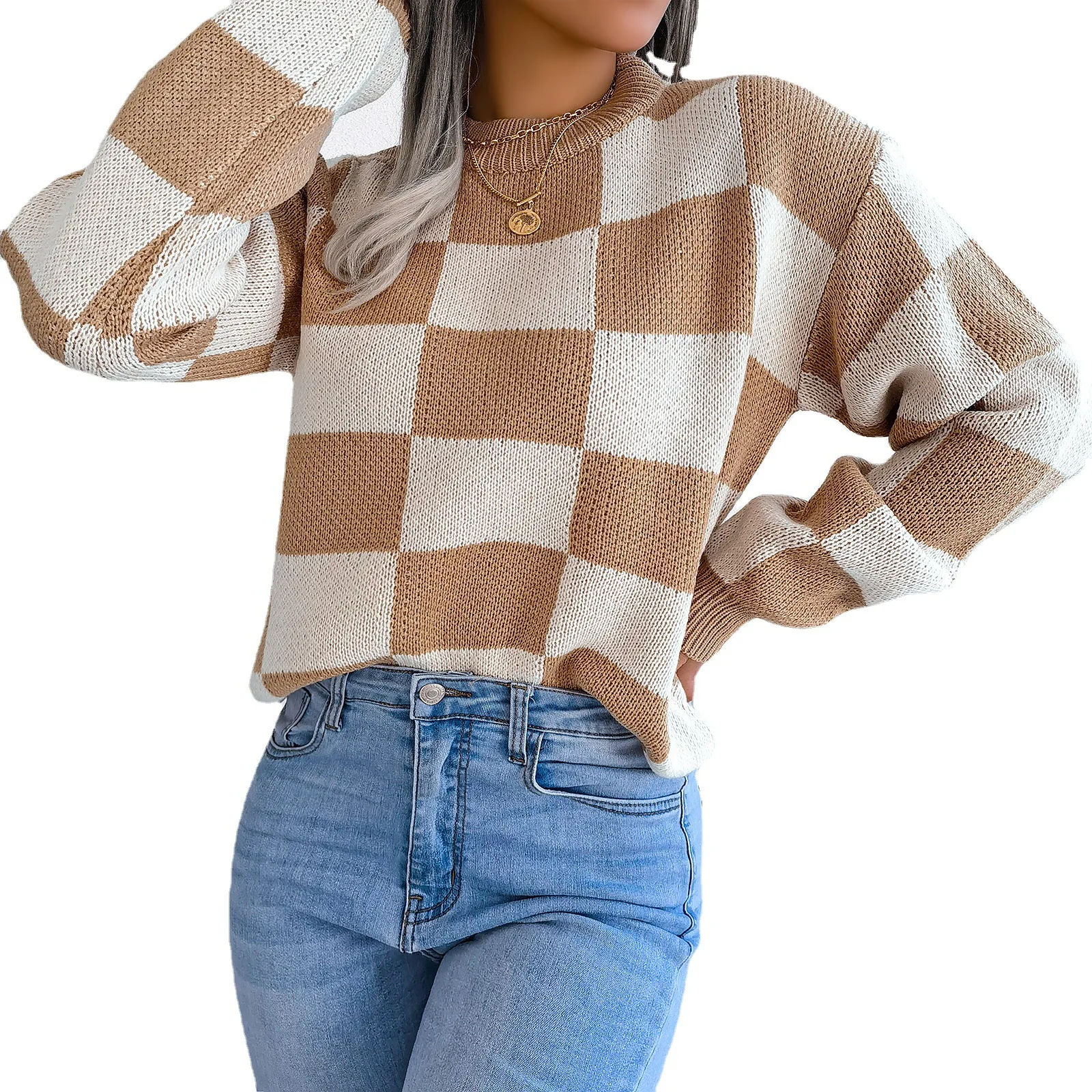 

2025 Autumn Winter Women's Sweater Tops Sweaters Women Street Style Color Block Checkered Long Sleeve Pullover Knit Sweater