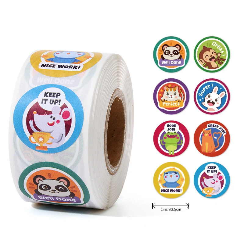 50-500 Pcs 1inch/2.5cm Animal Good Job Cool Stickers Roll For Envelope Praise Reward Student Work Label Stationery Seal Lable