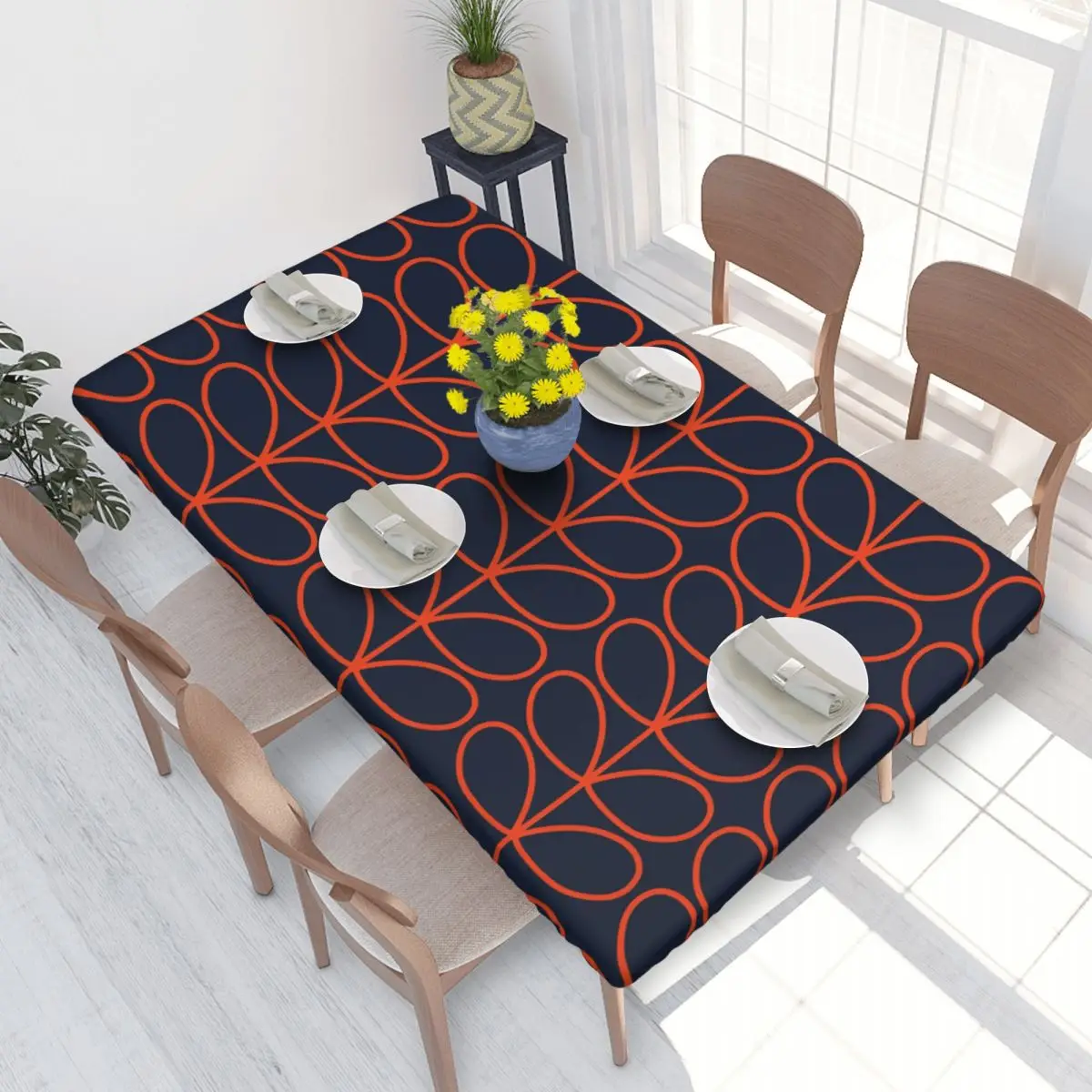 Custom Rectangular Waterproof Linear Stem Orange Table Cover Orla Kiely Table Cloth 4FT Tablecloth for Dining