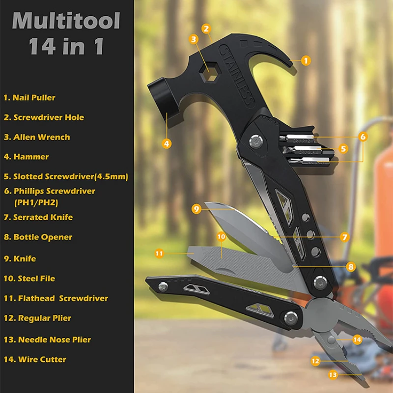 

‌14-in-1 Tactical Survival Hammer - Car Emergency Tool with Pliers/Glass Breaker/Seatbelt Cutter, Steel Alloy Camping Multitool