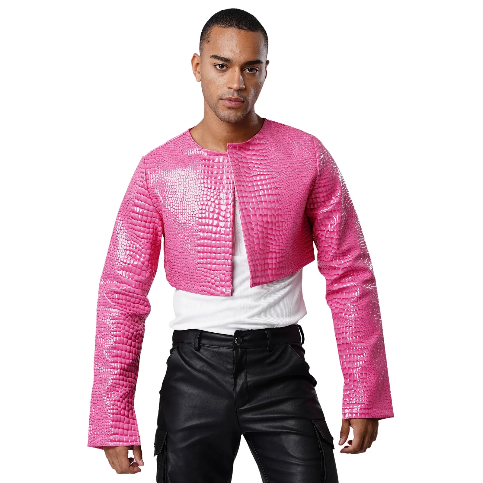 

Mens Fashion Snakeskin Embossing Cropped Jacket Cardigan Long Sleeve Punk Short Coat Bolero Blazer Rave Party Club Street Wear