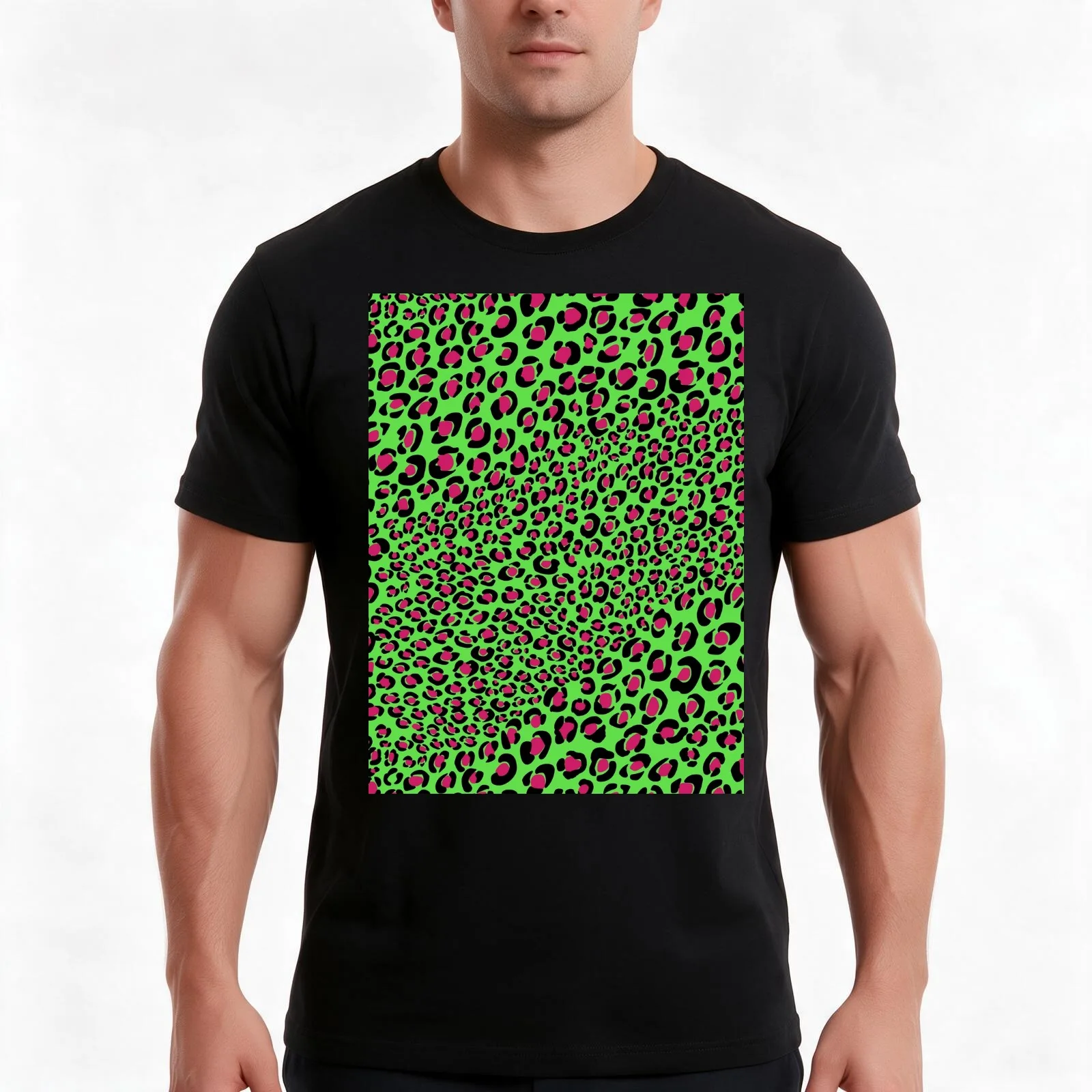 Pink green leopard print, cool animal print, punk glam pattern T-Shirt, Summer Casual Cotton Tee, Oversized Streetwear Tops