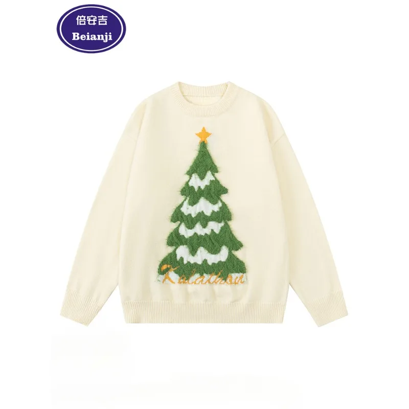 Beianji Christmas tree red mens sweater fashion brand American men's autumn and winter design sense crewneck couple knitwear top