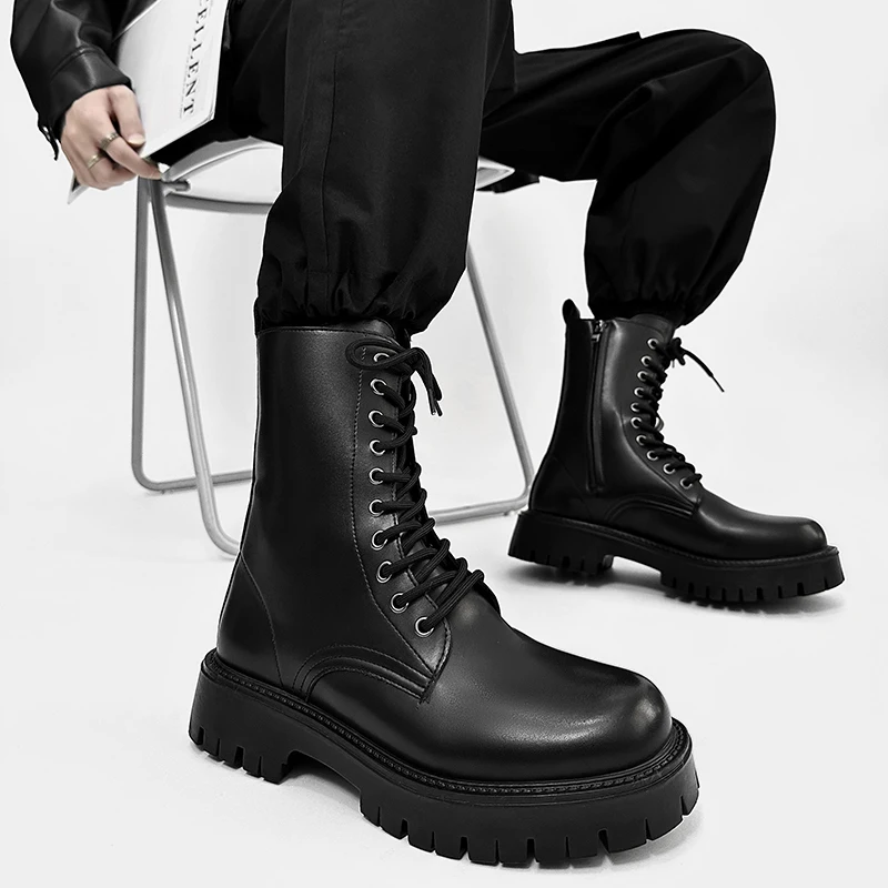 

large size men fashion stage nightclub high motorcycle boots black autumn winter shoes cowboy soft leather boot platform botas