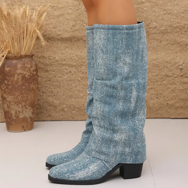 Fashion Womens Knee-High Motorcycle Boots New Pointed Toe Block Middle Heel Slouchy Casual and Daily Footwear Street Style Botas