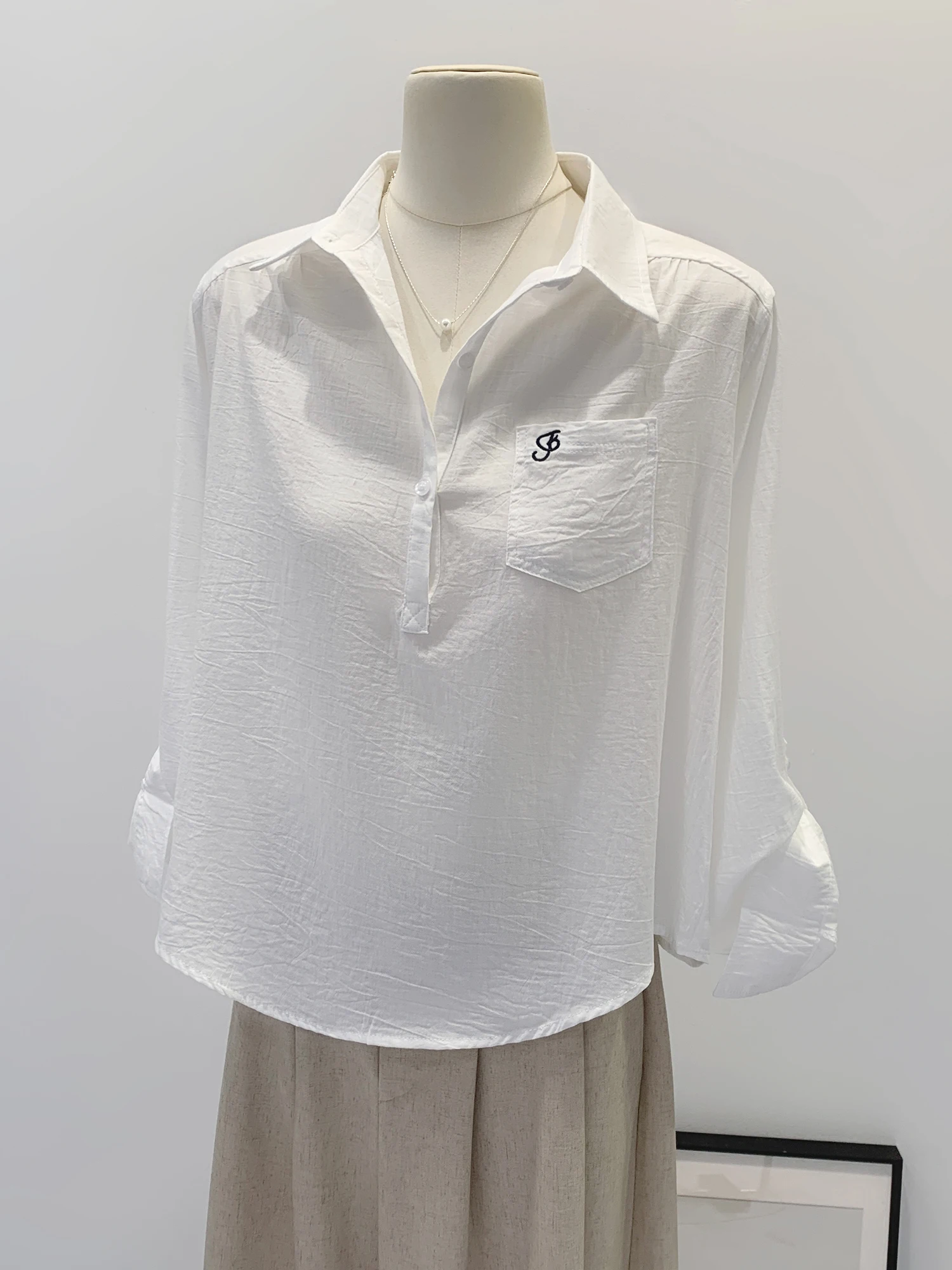 

Lace Long Sleeve White Shirt Women's New Style Autumn Thin Fashionable Top Silk Cotton Blend Comfortable Breathable Collar