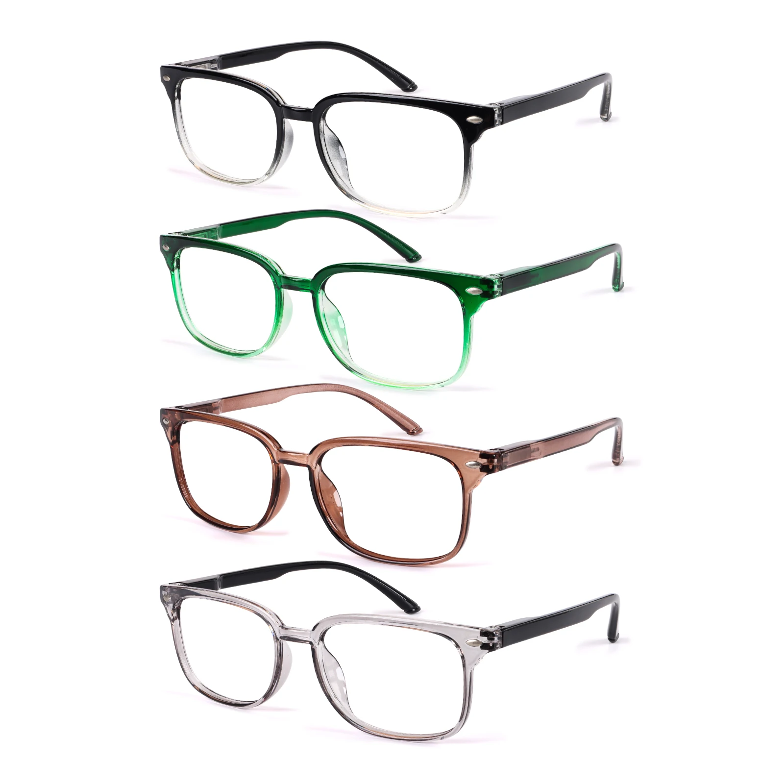 4 Pack Square Gradient Reading Glasses Blue Light Blocking Spring Hinge Unisex Presbyopia Eyewear Anti Eye Strain Readers