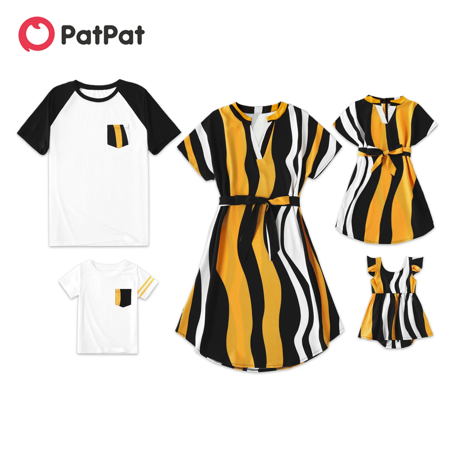 PatPat Family Matching Cotton Raglan Sleeve T-shirts and Striped Belted Dresses Sets