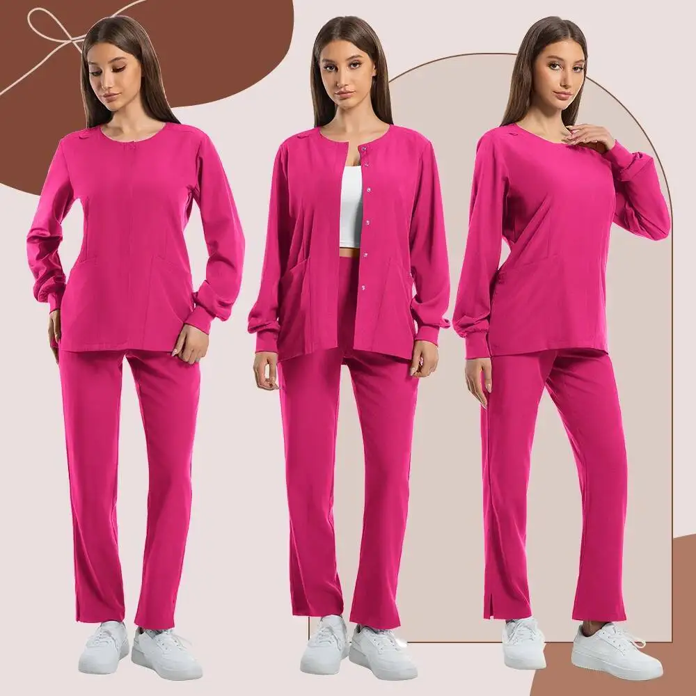 Medical Scrubs Hospital Uniforms Women Long Sleeve Nurse Front Button Jacket Top Pants Scrub Suit Spa Salon Beauty Workwear Set