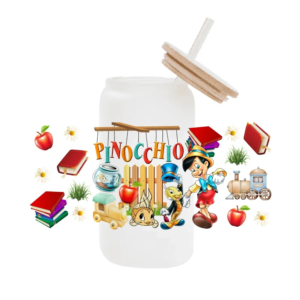 Pinocchio Disney Cartoon für Libbey 16oz Can Glass 3D Wasserdicht UV DTF Kaffeedose Wrap Libbey Glass Wrap
