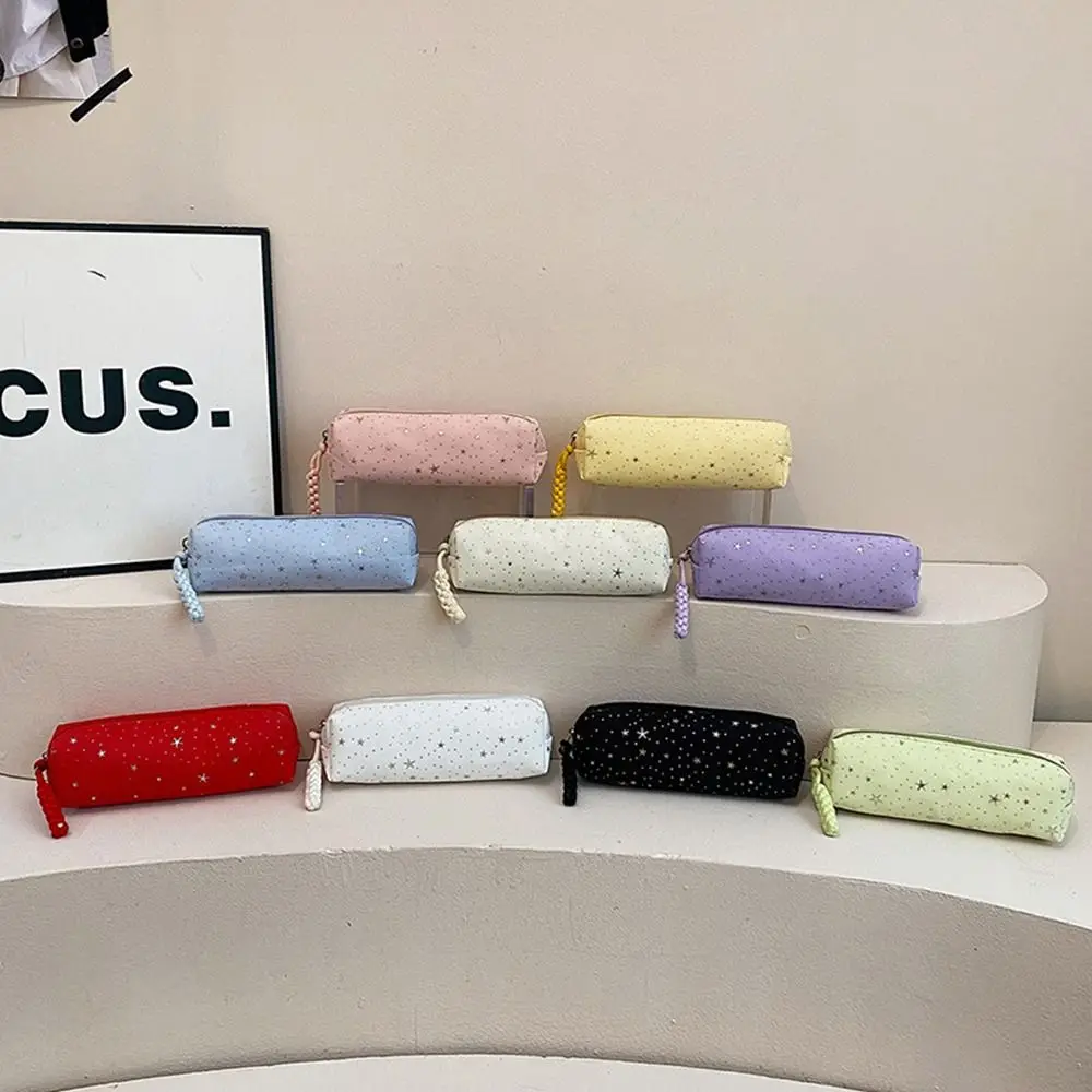 Portable Canvas Pencil Case Star Dot Print Large Capacity Pencil Pouch Stationery Organizer Gift