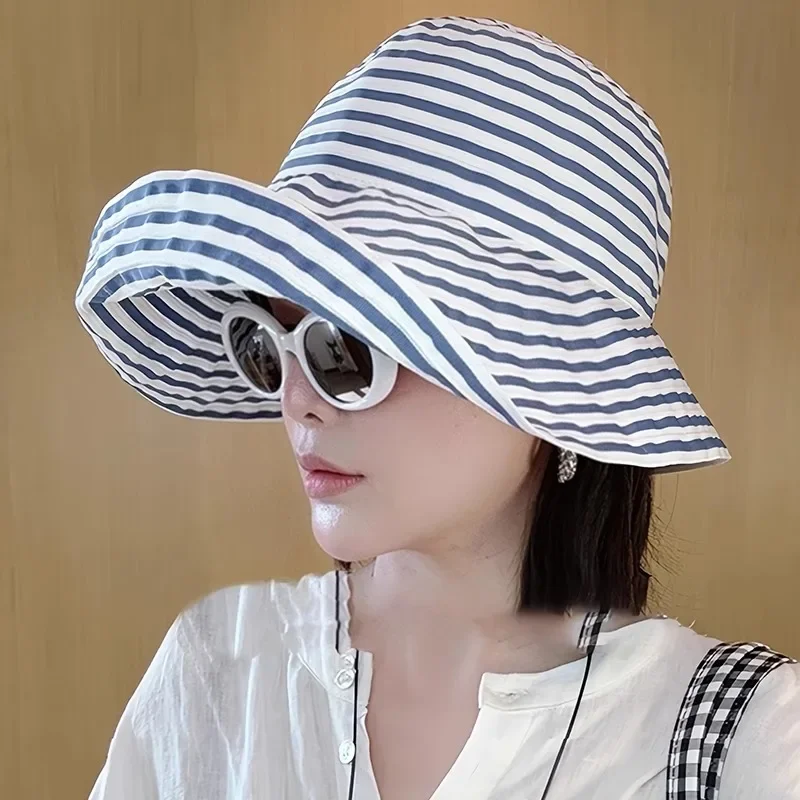 

Hot Summer Elegant Striped Bucket Hat Wide Brim Sun Protection Beach Sun Hat Sunscreen Sunshade Beach Accessories Sunhat