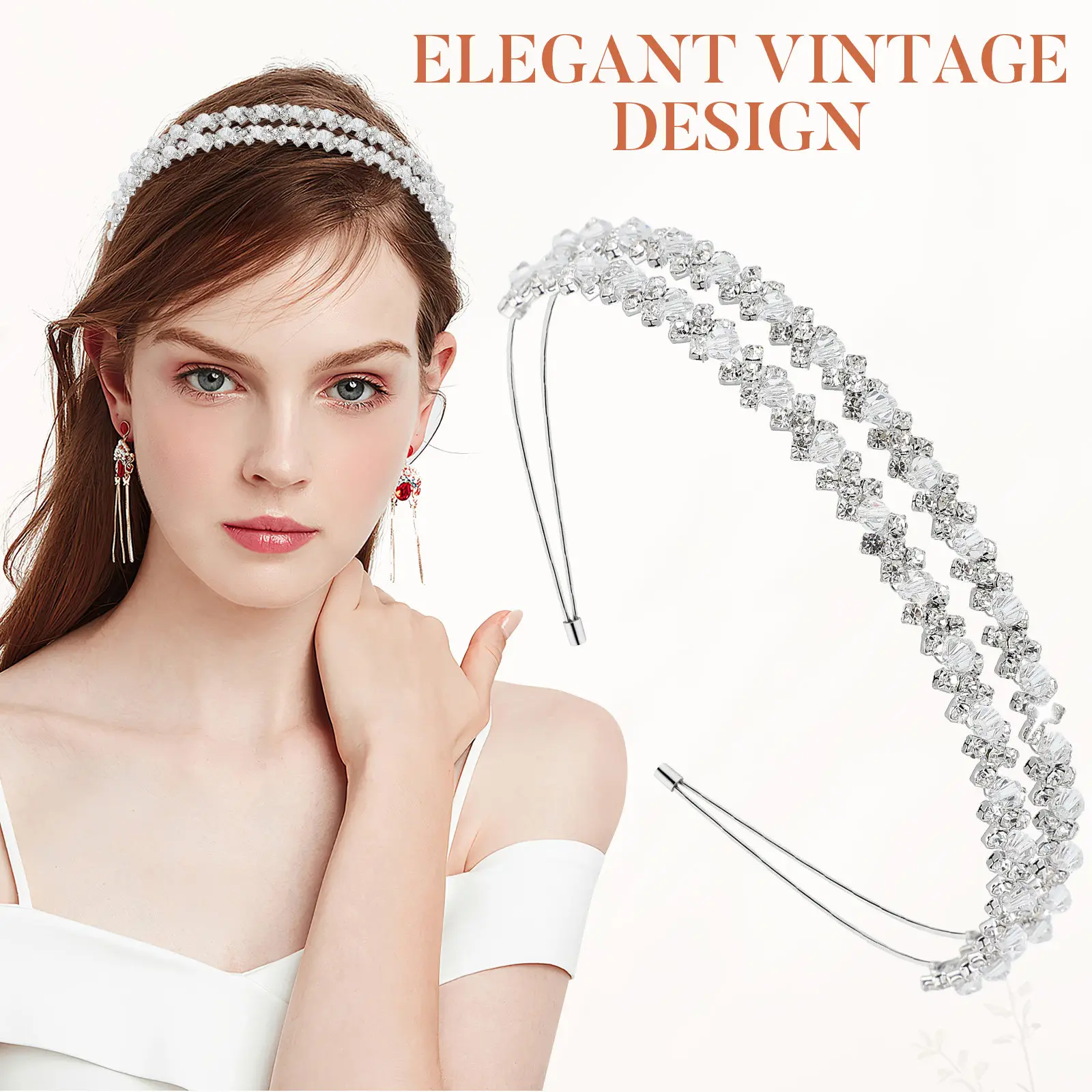 Adjustable Rhinestone Hair Band Silver Plated Alloy Double Layer Bridal Headband for Women Wedding Bridesmaids Formal Party