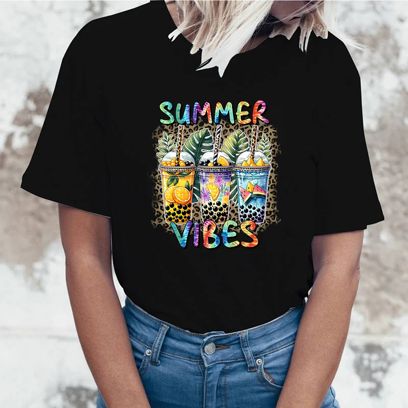 

Funny Summer Vibes Letter Print T-Shirt Womans Casual Tops Summer Cool T Shirt Plus Size Tops Tees