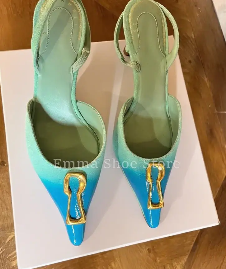

2025 Gradient Blue Slingback Women's Sandals Concise Pointed Toe Gold Buckle Pumps Stiletto Heels Elegant Office Party Shoes