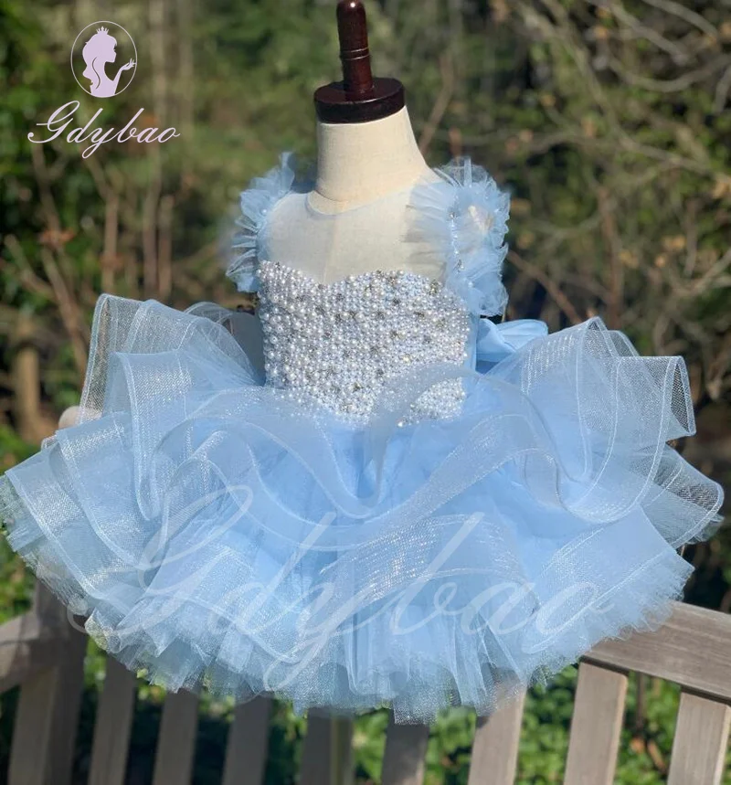 Vestido de niña de flores con perlas azul cielo para boda, volantes, hinchados hasta la rodilla con lazo, desfile de princesa, elegante vestido de baile de cumpleaños para niños