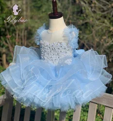 Sky Blue Pearls Flower Girl Dress For Wedding Ruffles Puffy Knee Length With Bow Princess Pageant Elegant Kid Birthday Ball Gown