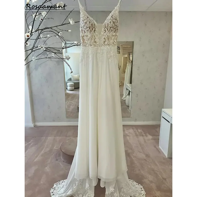 Великолепные иллюзорные аппликации, кружевные бисерные свадебные платья трапециевидной формы на бретельках, свадебные платья без рукавов Robe De Mariée