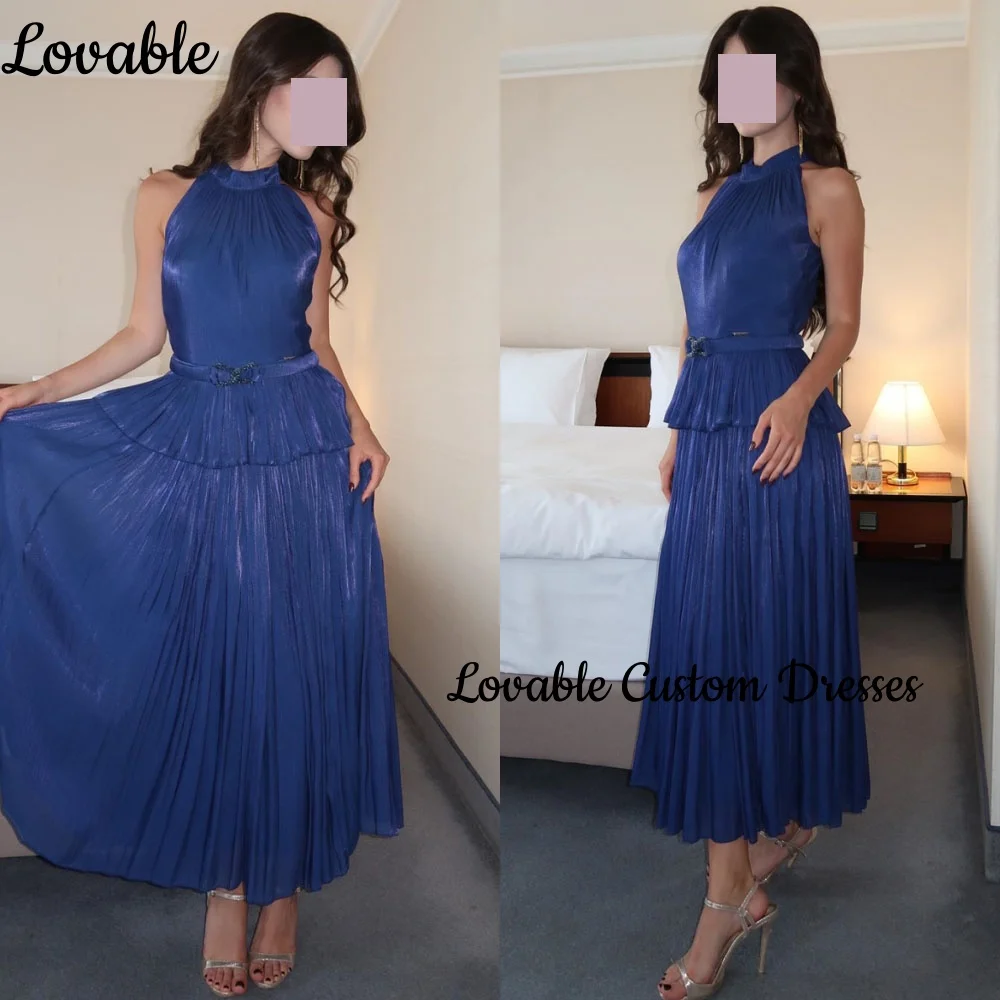 

فساتين سهرة Женские вечерние платья на заказ Королевские синие платья на молнии с лямкой на шее для выпускного вечера Вечерние платья трапециевидной формы с рюшами