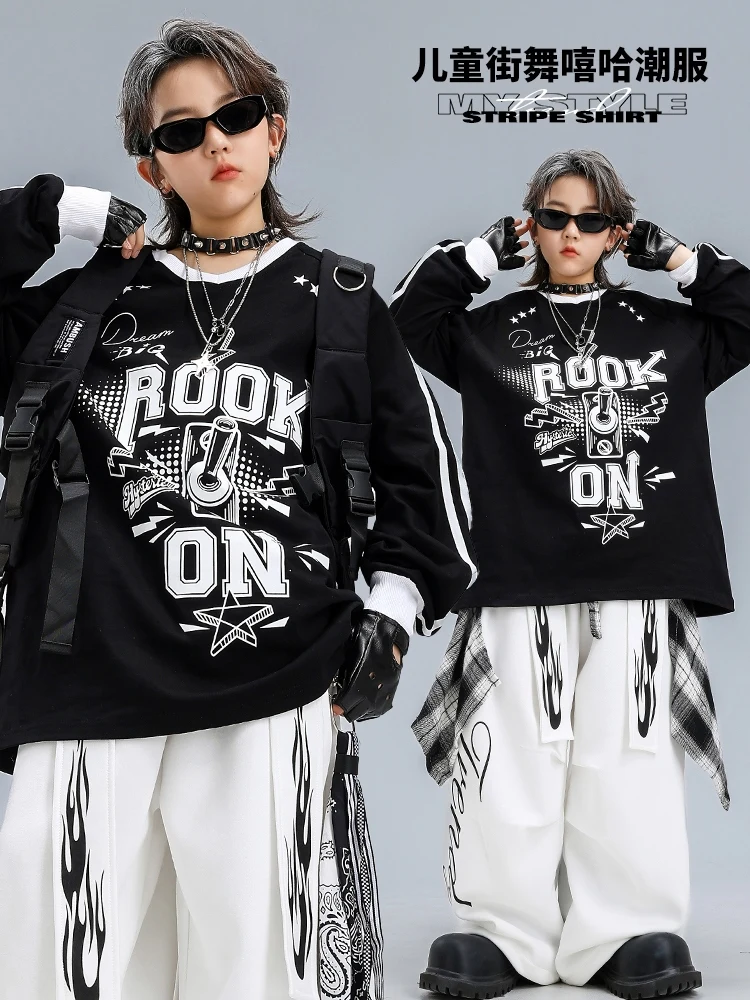 

2025 New Modern Jazz Dance Performance Stage Costumes For Girls Black Shirts White Pants Outfits Boys Hip Hop Clothing DQS20766