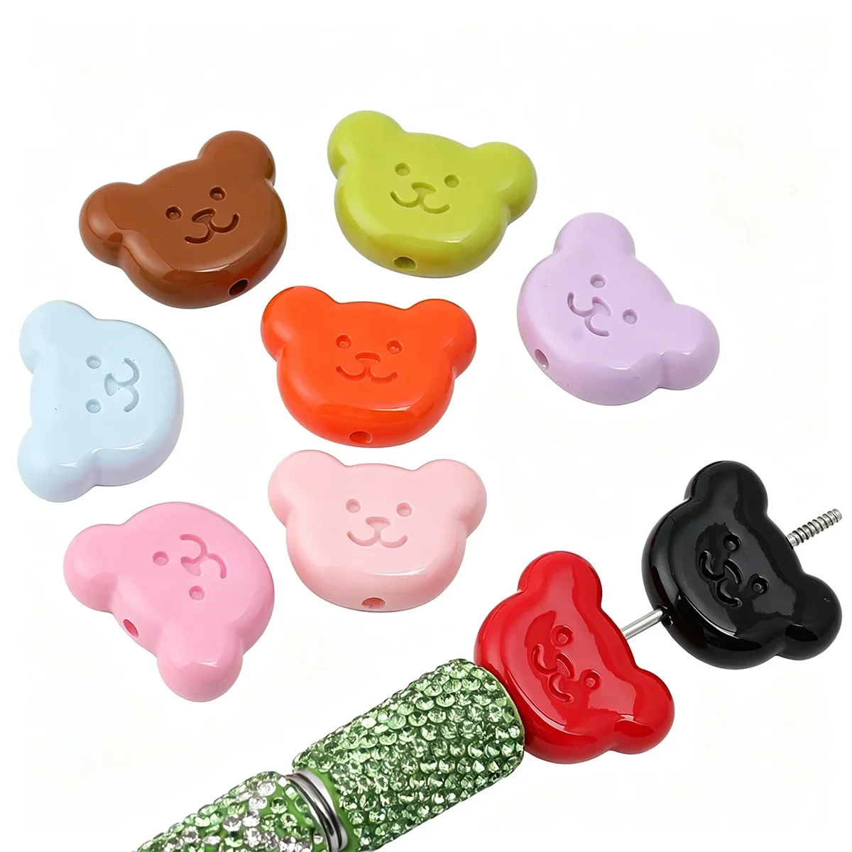 8pcs/16pcs Random Color Acrylic Beads,28*21mm Smiley Bear Head Loose Beads for DIY Handmade Jewelry Making Supplies