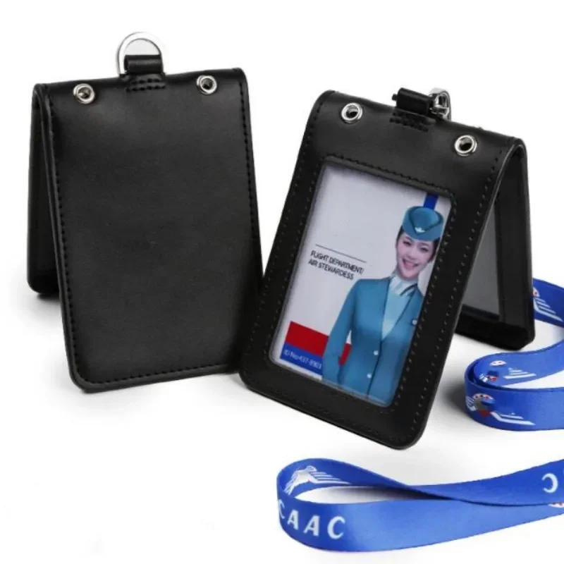 Genuine Leather Work Card Set ID Card Badge Holder Case Credit Bank Factory Name Clip Badge File Holder Aviation Tag Lanyard