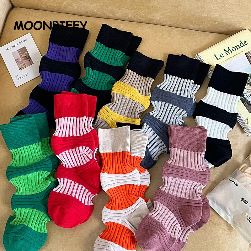 

Pleated Striped Mid-tube Socks Women's Contrast Color Lantern Sock Double Needle Trend Color Cotton Ins Tide Brand Niche Socks