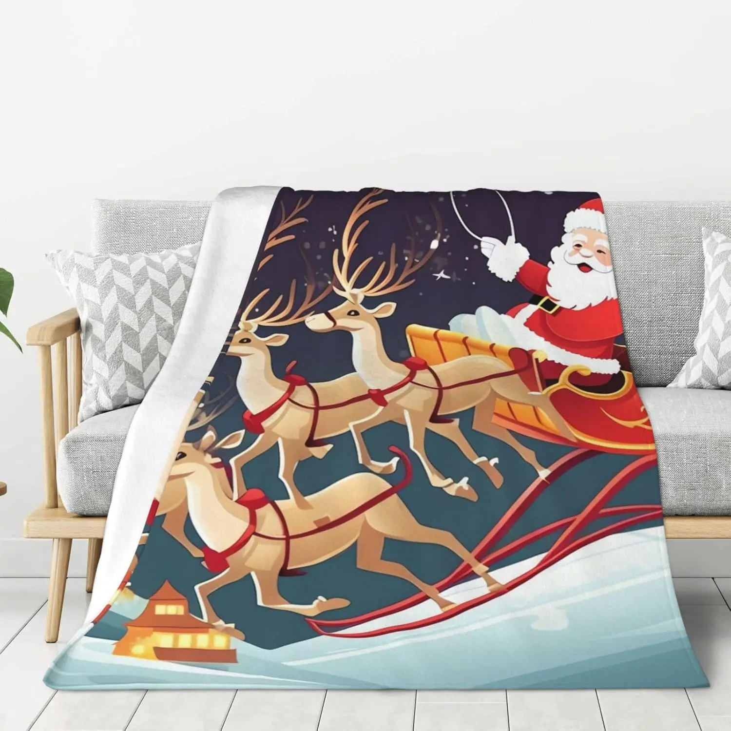

Merry Christmas Santa Claus Reindeer Sled Throw Blanket Ultra Soft Cozy Fleece Blanket Lightweight Warm Bed Blanket All Season