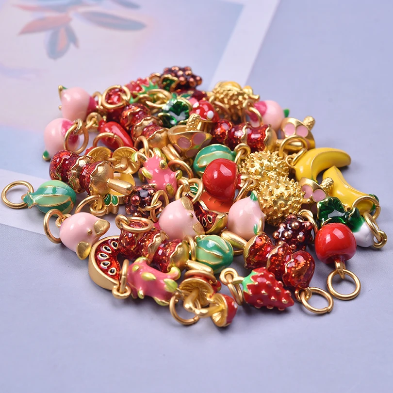 16pcs Alloy Fruit Vegetable Dripping Oil Strawberry Banana Cabbage Mushroom Pendant Popular Diy Necklace Jewelry Accessories