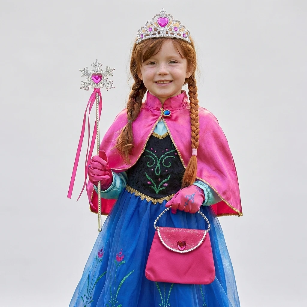 Mädchen Prinzessinnenkleid Cosplay Kostüm Kinder Märchenparty Halloween Faschingskostüm mit Umhang Krone Zauberstab Rollenspiel Kleidungsset