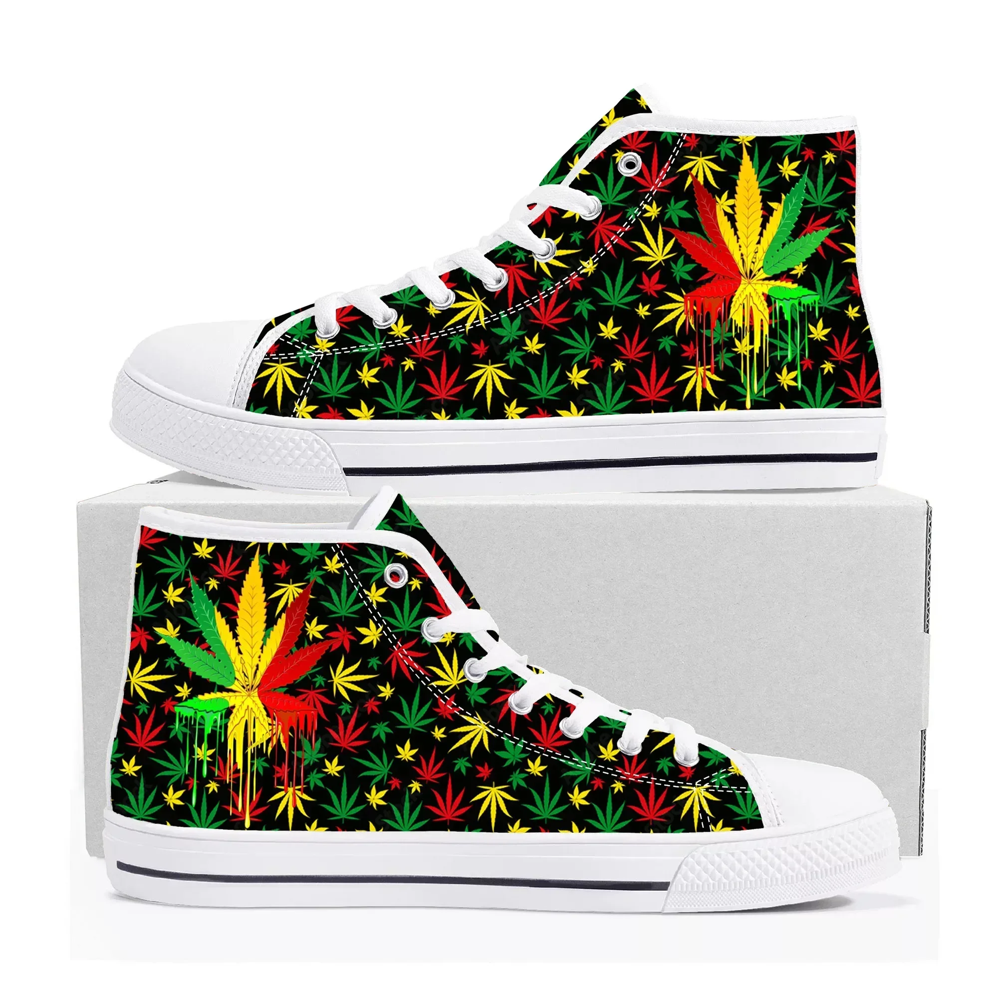 Leaf Weed Rasta Marijuana Red Yellow Green Art High Top High Quality Sneakers Canvas Sneaker Casual Couple Shoes Custom Shoe view 2
