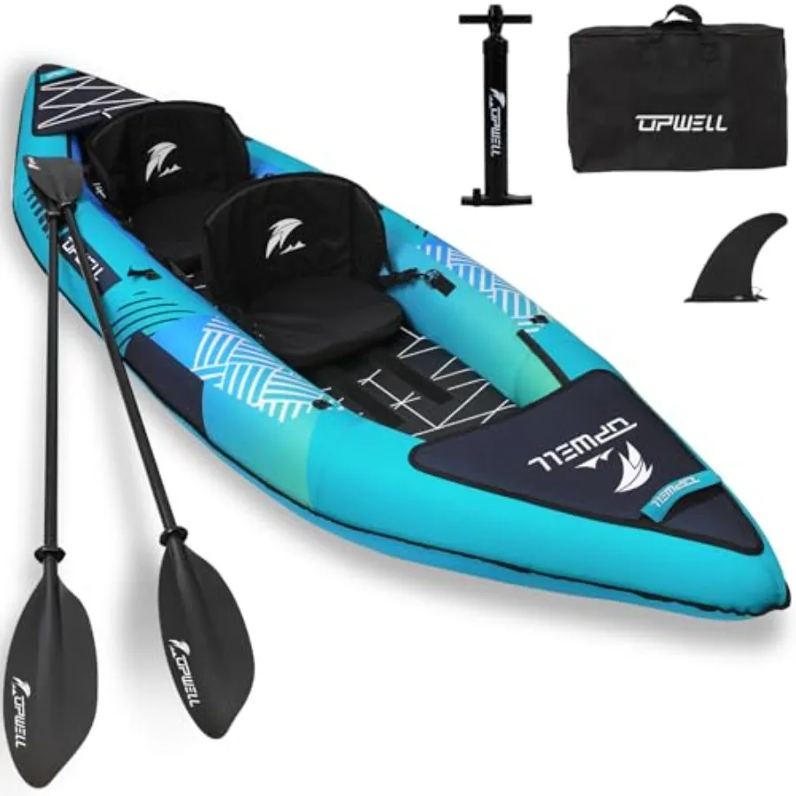 

Recreational kayak for 2 persons, drop stitch floor, gray-blue, ultra-stable and lightweight with high-back seats, paddle, fin,