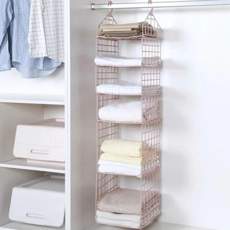 Foldable Hanging Closet Organisers Pajamas Coats Sweaters Sturdy Durable Towels Layered Storage Basket