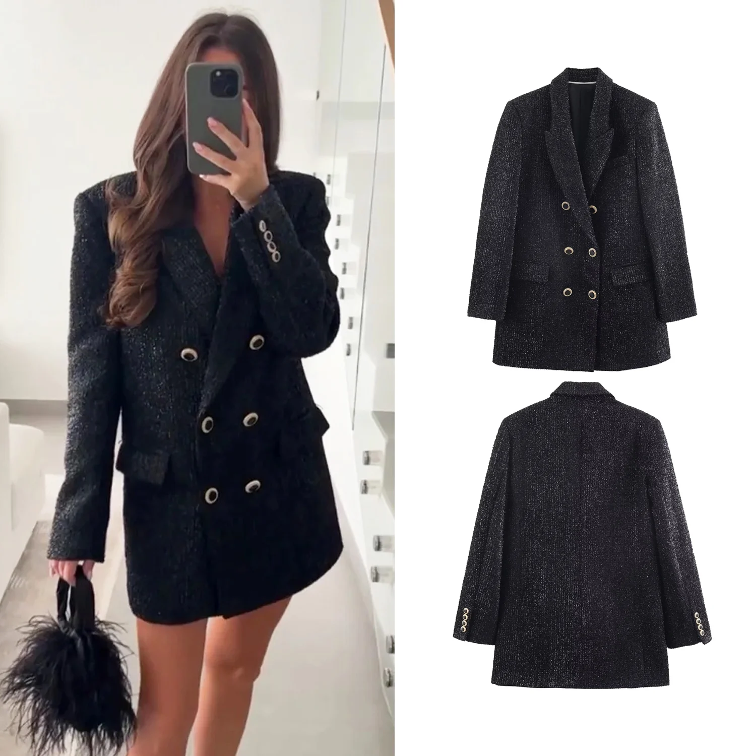 

High Quality Women Double Buttons H Blazer Jacket Autumn Spring Female Thick Pockets Turn Down Collar Loose Blazer Coats Chic