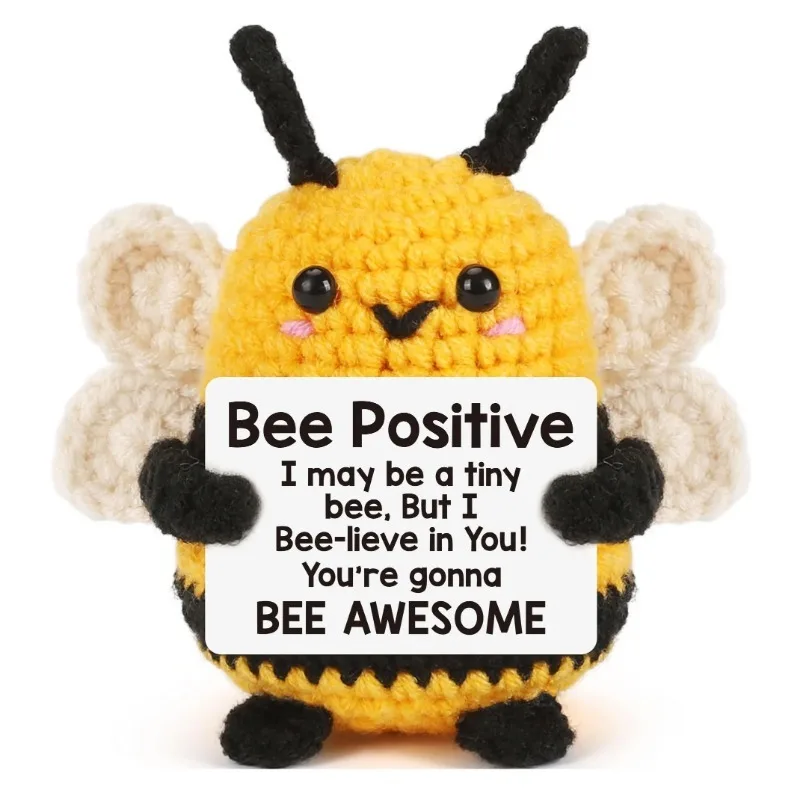1PC Mini Cute Crochet Positive Bee Creative Plush Holiday Gift Desktop Decoration Ornament Gift
