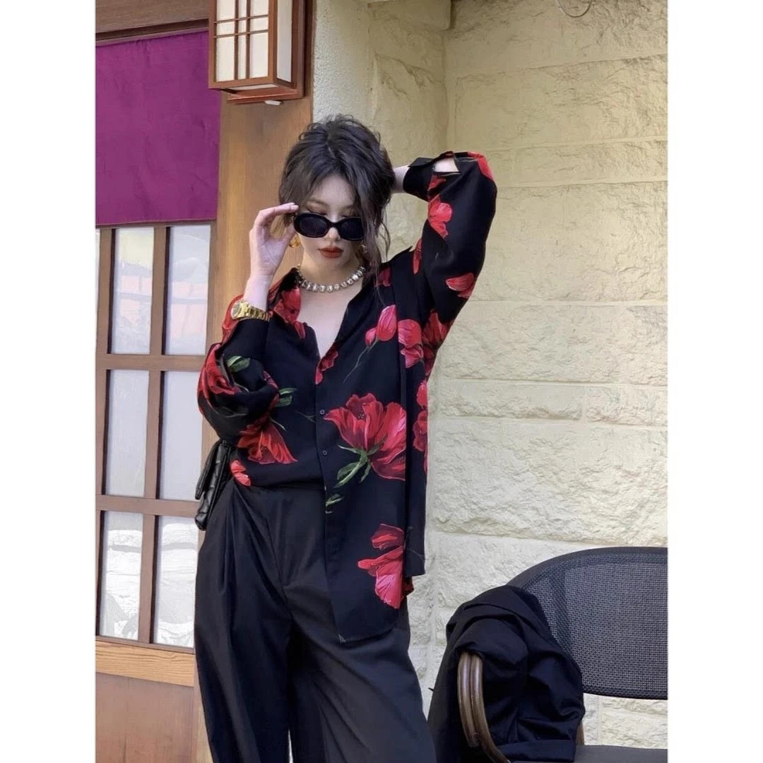 

2026 New Women's Red Rose Floral Print Long Sleeve Shirt Collared Button Down Loose Fit Casual Blouse Fashion Streetwear Top