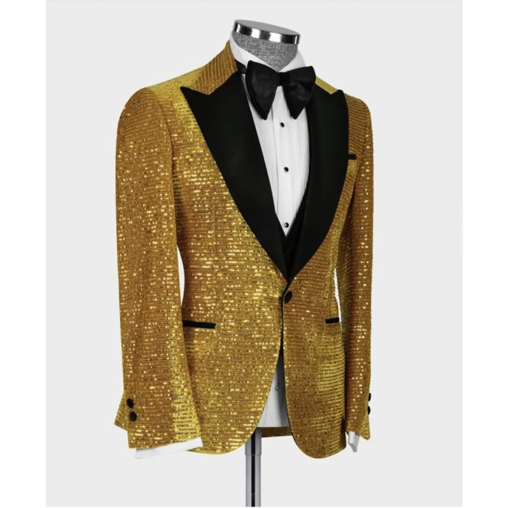 Gold Shiny Suit For Men Formal Wedding Groom Luxury Sequin Blazer Prom Jewelry Ornament Tuxedo Tuxedo Costume Homme 3 Pieces