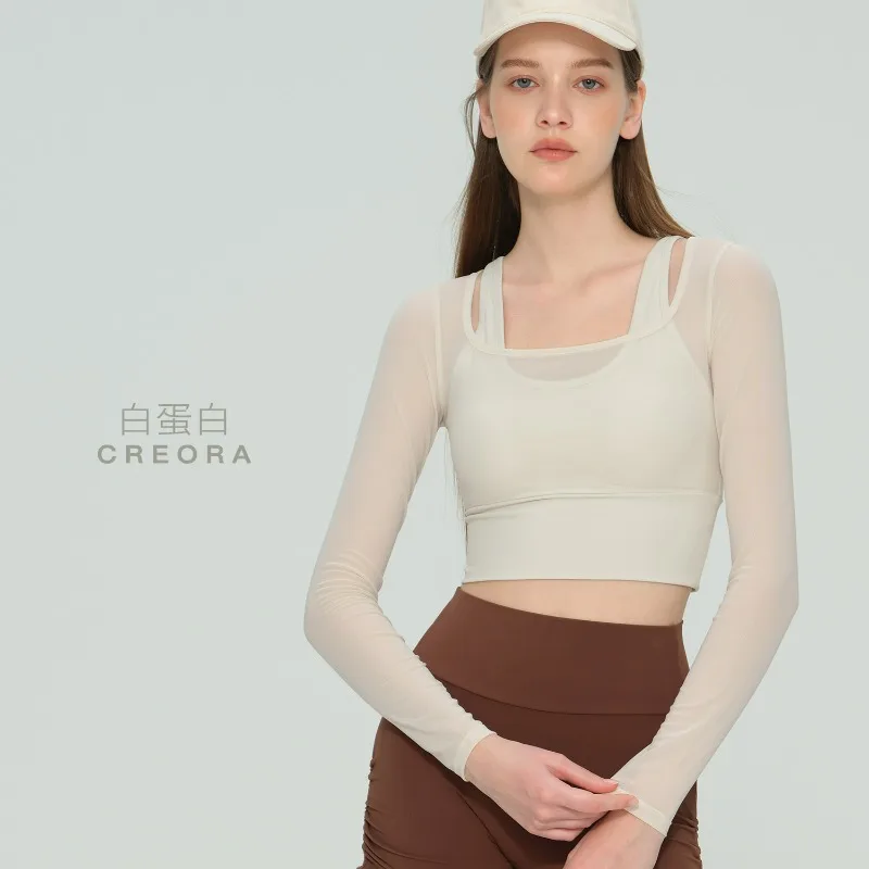 Women with Chest Pad Yoga Long-sleeved Mesh Splicing Fake Two-piece Yoga Clothes Top Fixed Cup Fitness Clothes Sports Inside
