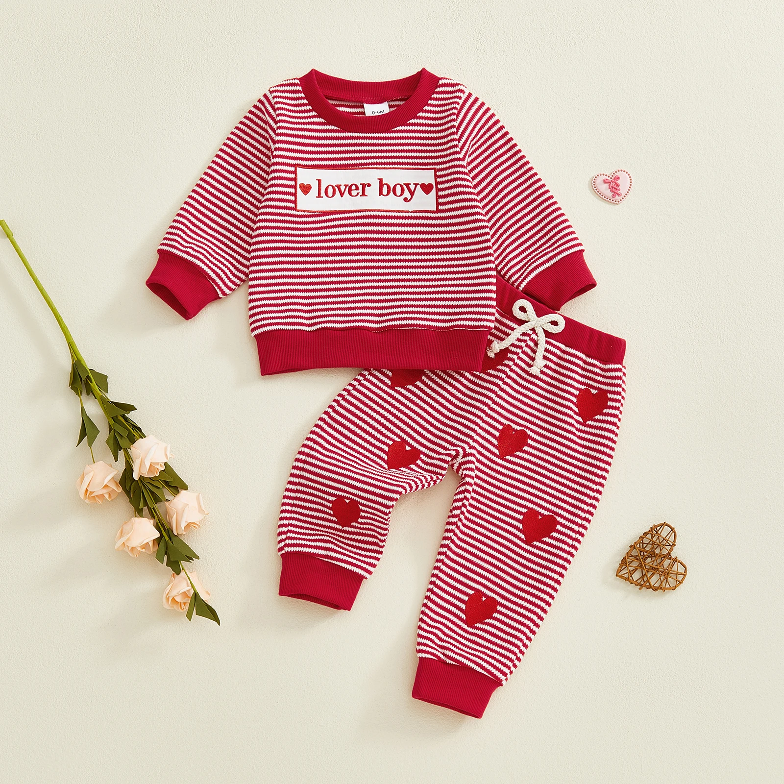 Toddler Boy Valentines Day Outfit Stripe Letter Embroidery Crew Neck Long Tops and Heart Pants 2Pcs Set for Infant Baby 0-3Years
