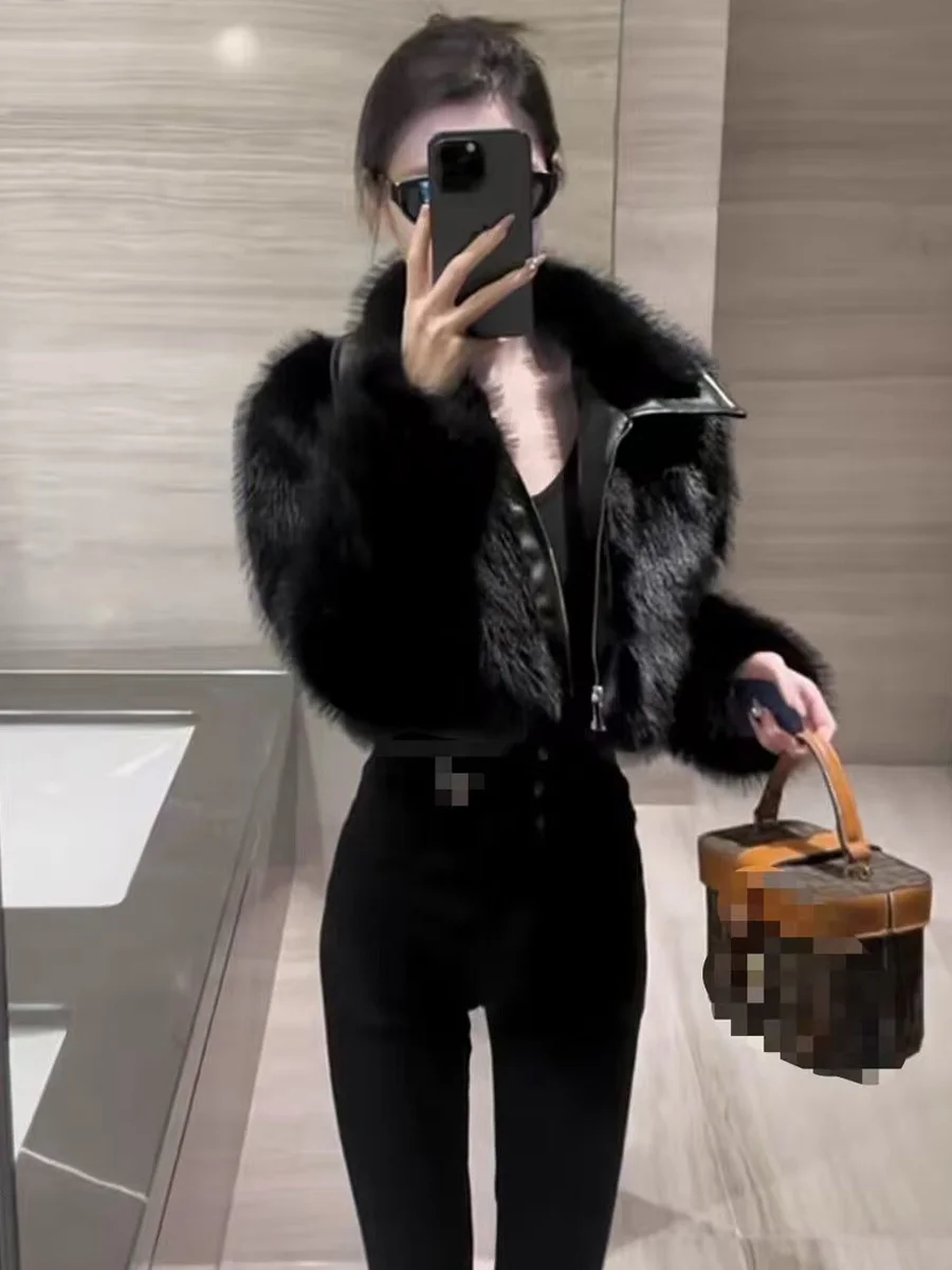 

Faionable ort Leather Jaet Женское весенне-осеннее новое кожаное пальто с имитацией меха в стиле пэчворк