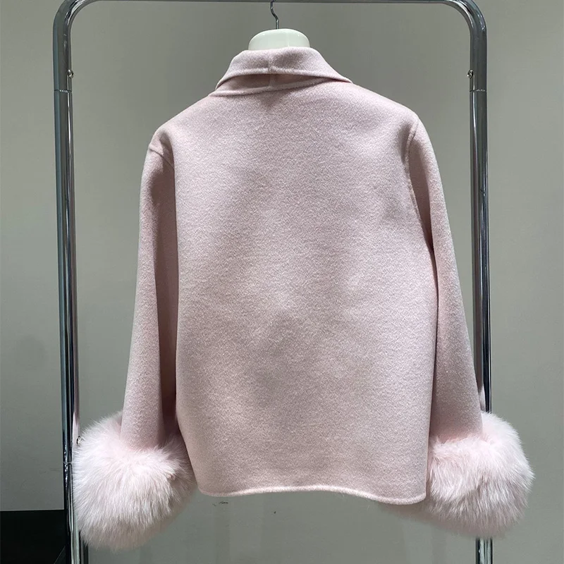 New Double-sided Wool Coat Women Short Loose Fox Fur Cuff Slim Warm Lapel Long Sleeve Soft Fur Coats Female Fit Autumn Winter